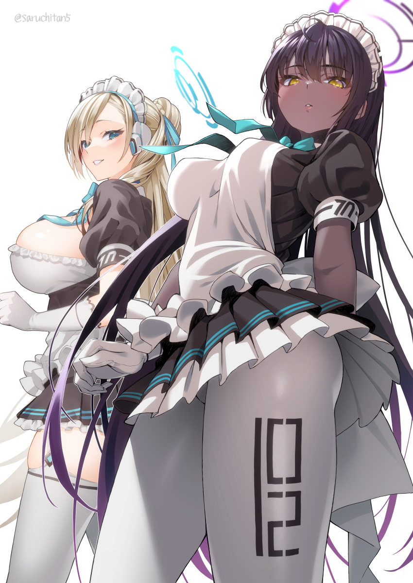 2girls absurdres ahoge apron asuna_(blue_archive) bad_id bad_pixiv_id bangs black_hair blue_archive blue_bow blue_bowtie blue_eyes blush bow bowtie breasts dark-skinned_female dark_skin elbow_gloves from_below gloves grin hair_over_one_eye halo highres karin_(blue_archive) large_breasts light_brown_hair long_hair looking_at_viewer maid maid_headdress mole mole_on_breast multiple_girls pantyhose puffy_short_sleeves puffy_sleeves saruchitan short_sleeves skindentation skirt smile white_apron white_background white_gloves white_legwear yellow_eyes