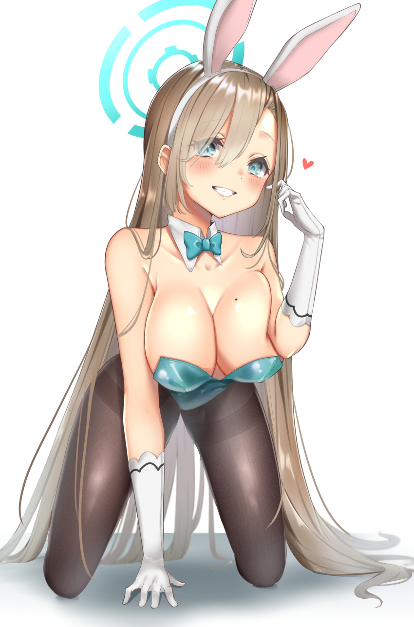 1girl :d absurdres animal_ears aqua_bow aqua_bowtie aqua_eyes aqua_leotard asuna_(blue_archive) black_legwear blonde_hair blue_archive bow bowtie breasts clenched_teeth detached_collar eyes_visible_through_hair fake_animal_ears fine_fabric_emphasis gloves hair_between_eyes hair_twirling halo hand_up headband heart highleg highleg_leotard highres huge_breasts kneeling leotard long_hair mole mole_on_breast open_mouth pantyhose playboy_bunny shiny shiny_skin simple_background skoll_world smile solo teeth thighs very_long_hair white_background white_gloves white_headband