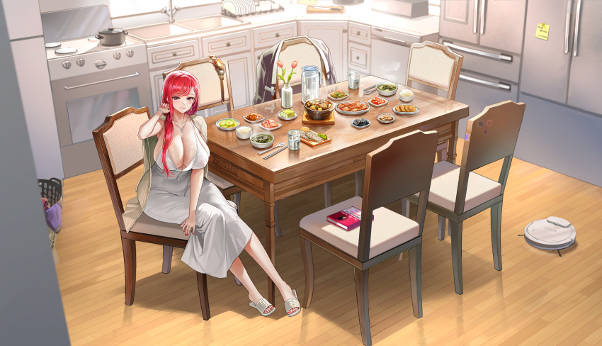 1girl alternate_hairstyle areolae bangs blush book breasts chair cleavage cup dining_room dress drinking_glass earrings flip-flops food highres hongryeon_(last_origin) huge_breasts jewelry kitchen last_origin long_hair looking_at_viewer mole mole_under_eye necklace official_art plate ponytail purple_eyes red_hair red_nails sandals see-through sink sitting skindentation smile solo stove table taesi vacuum_cleaner white_dress wide_shot
