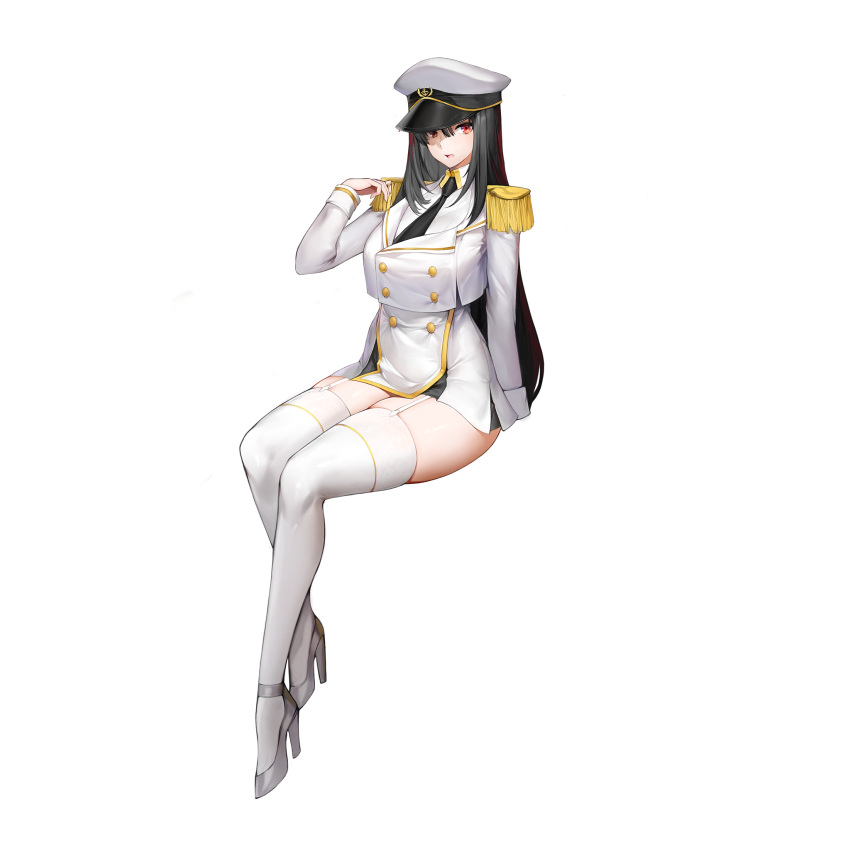 1girl amphitrite_(last_origin) black_hair dress epaulettes full_body garter_straps hat high_heels highres last_origin long_hair military military_uniform naval_uniform necktie official_art peaked_cap red_eyes short_dress snowball22 solo tachi-e thighhighs transparent_background uniform white_dress white_legwear