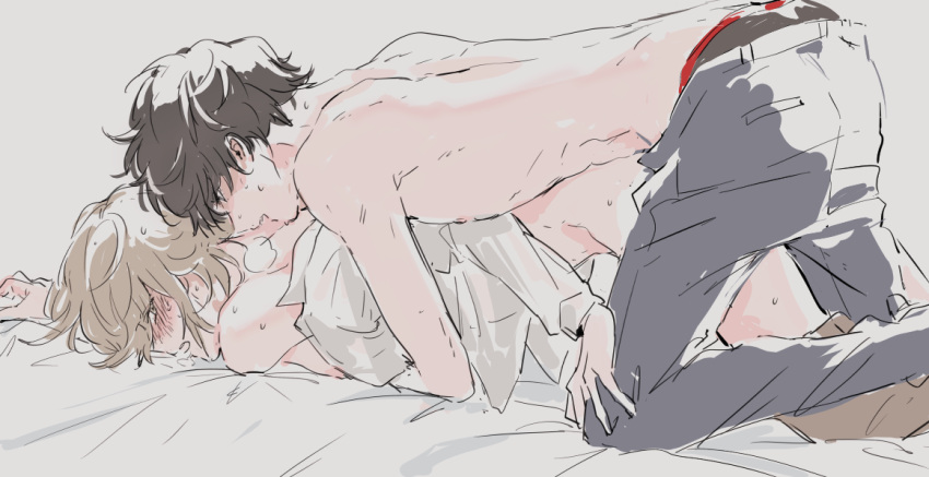 2boys akechi_gorou amamiya_ren bangs bed_sheet black_hair blush brown_hair commentary_request from_side grey_background hair_between_eyes implied_sex male_focus male_underwear multiple_boys nipples open_clothes open_shirt pants parted_lips persona persona_5 sawa2 sex sheet_grab shirt simple_background sweat topless_male underwear white_shirt yaoi