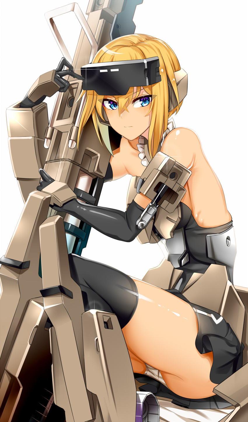1girl armor bare_shoulders black_gloves black_legwear black_skirt blonde_hair blue_eyes cannon closed_mouth commentary_request doko_tetora elbow_gloves frame_arms_girl gloves goggles goggles_on_head gourai highres holding holding_weapon looking_at_viewer miniskirt panties pantyshot sidelocks simple_background sitting skirt solo striped striped_panties thighhighs underwear weapon white_background white_panties