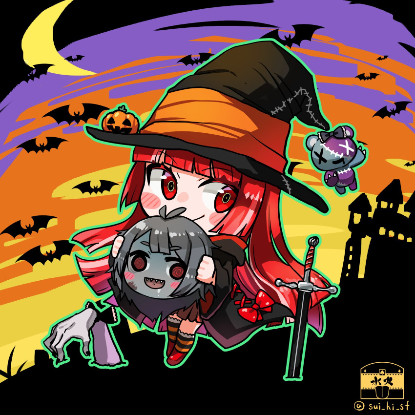 3girls bat black_dress black_sky blush_stickers castle chibi colored_skin crescent_moon disembodied_head dress eyebrows_visible_through_hair grey_hair grey_skin halloween halloween_costume hat highres holding_another's_head hololive hololive_indonesia indie_virtual_youtuber kureiji_ollie looking_at_viewer moon multiple_girls night night_sky olivia_(kureiji_ollie) orange_sky planted planted_sword pumpkin purple_sky red_eyes red_hair sky stitches sui_hi_sf sword twitter_username udin_(kureiji_ollie) underground weapon witch witch_hat yellow_sky zombie zonbko