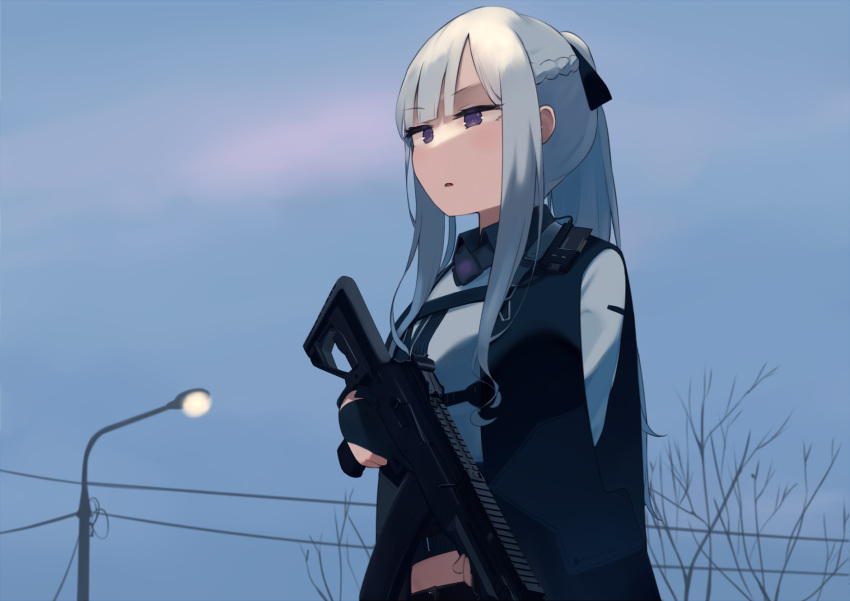 1girl :o ak-12 ak-12_(girls'_frontline) assault_rifle black_gloves blue_sky braid commentary eyebrows_visible_through_hair french_braid girls'_frontline gloves gun hair_ribbon highres hinami047 holding holding_gun holding_weapon kalashnikov_rifle long_hair looking_away open_mouth purple_eyes ribbon rifle silver_hair simple_background sky solo tactical_clothes upper_body weapon
