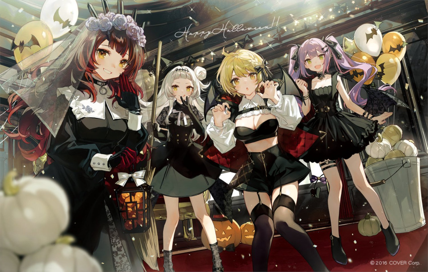 4girls alternate_costume asymmetrical_hair balloon black_choker black_dress black_footwear black_gloves black_headwear black_legwear black_ribbon black_skirt blonde_hair blurry blurry_foreground blush breasts chocoan choker claw_pose cleavage closed_mouth commentary dress elbow_gloves feet_out_of_frame flower frilled_dress frills full_body garter_straps gloves green_eyes hair_bun hair_flower hair_ornament hair_ribbon hairband halloween hand_to_own_mouth happy_halloween hat head_wreath heart_ring high_heels hololive indoors jack-o'-lantern long_hair looking_at_viewer medium_breasts midriff miniskirt multicolored_hair multiple_girls murasaki_shion o-ring o-ring_legwear official_art open_mouth parted_lips pumpkin purple_hair red_hair ribbon roboco-san see-through short_dress short_hair side_bun silver_hair skirt sleeveless sleeveless_dress smile sparkle standing strapless streaked_hair thigh_strap thighhighs tilted_headwear tokoyami_towa tube_top twintails two-tone_hair veil virtual_youtuber watermark wing_collar witch_hat yellow_eyes yozora_mel zipper_skirt