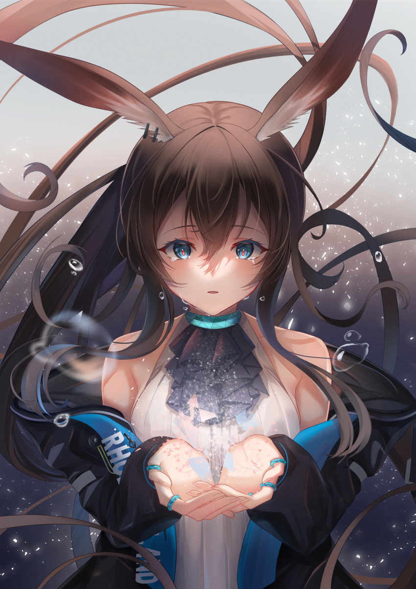 1girl absurdres amiya_(arknights) animal_ear_fluff animal_ears arknights ascot bangs bare_shoulders black_ascot black_coat blue_eyes blush breasts brown_hair clothes_writing coat crying crying_with_eyes_open ear_piercing gradient gradient_background grey_background hair_between_eyes highres jewelry light_particles long_hair long_sleeves medium_breasts multiple_rings open_clothes open_coat own_hands_together parted_lips piercing ponytail rabbit_ears ring shirt solo sora01o tears upper_body very_long_hair water_drop white_shirt