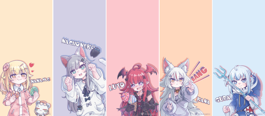 5girls :3 absurdres animal_costume animal_ear_fluff animal_ears animal_hood araka_luto bangs bell blonde_hair blue_eyes blue_hair blue_hoodie brown_eyes cat_ears cat_girl cat_tail creator_connection doughnut dress eyebrows_behind_hair fish_tail food fox_ears fox_tail gawr_gura gokigen_naname grey_hair hair_bell hair_between_eyes hair_ornament hairclip head_wings highres holding hololive hololive_english hood hoodie indie_virtual_youtuber jingle_bell kamiko_kana long_hair long_sleeves looking_at_viewer medium_hair monja_(monja0521) multicolored_hair multiple_girls nacho_(amashiro_natsuki) neck_bell prism_project red_hair shark_costume shark_girl shark_hair_ornament shark_hood shark_tail sharp_teeth shirt silver_hair sleeves_past_fingers sleeves_past_wrists streaked_hair tail teeth two_side_up virtual_youtuber white_hair wide_sleeves yellow_eyes