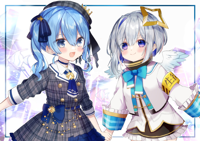 2girls :d absurdres amane_kanata blue_bow blue_bowtie blue_eyes blue_hair blue_neckerchief blush bow bowtie buttons closed_mouth colored_inner_hair crown double-breasted dress grey_hair grey_headwear hair_bow halo hat highres holding_hands hololive hoshimachi_suisei jacket looking_at_viewer mini_crown multicolored_hair multiple_girls neckerchief noi_mine plaid plaid_dress purple_eyes side_ponytail smile star_(symbol) star_halo star_in_eye striped striped_bow symbol_in_eye virtual_youtuber white_jacket