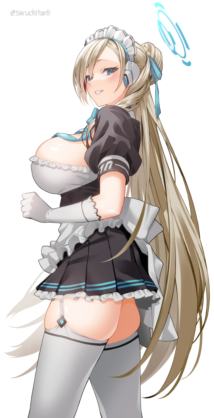 1girl absurdres apron asuna_(blue_archive) bad_id bad_pixiv_id bangs black_dress blue_archive blue_eyes blue_ribbon blush breasts dress elbow_gloves gloves grin hair_bun hair_over_one_eye halo headset highres large_breasts layered_skirt light_brown_hair long_hair looking_at_viewer maid maid_headdress neck_ribbon puffy_short_sleeves puffy_sleeves ribbon saruchitan short_sleeves skirt smile thighhighs thighs white_apron white_gloves white_legwear white_skirt