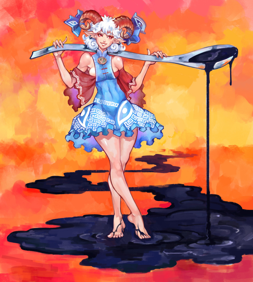 1girl armpitcore420 bangs bare_legs bare_shoulders barefoot blue_dress blue_ribbon breasts clothing_cutout covered_navel crossed_legs curled_horns curly_hair dress earrings eye_print eyebrows fingernails frilled_dress frills grin hands_up highres holding horizontal_pupils horn_ornament horn_ribbon horns jewelry mandarin_collar meandros medium_breasts medium_hair oil orange_background over_shoulder oversized_object pink_nails pointy_ears red_eyes red_sleeves ribbon sharp_fingernails sharp_teeth shoulder_cutout smile solo spoon standing teeth touhou touhou_gouyoku_ibun toutetsu_yuuma watson_cross white_hair wide_sleeves