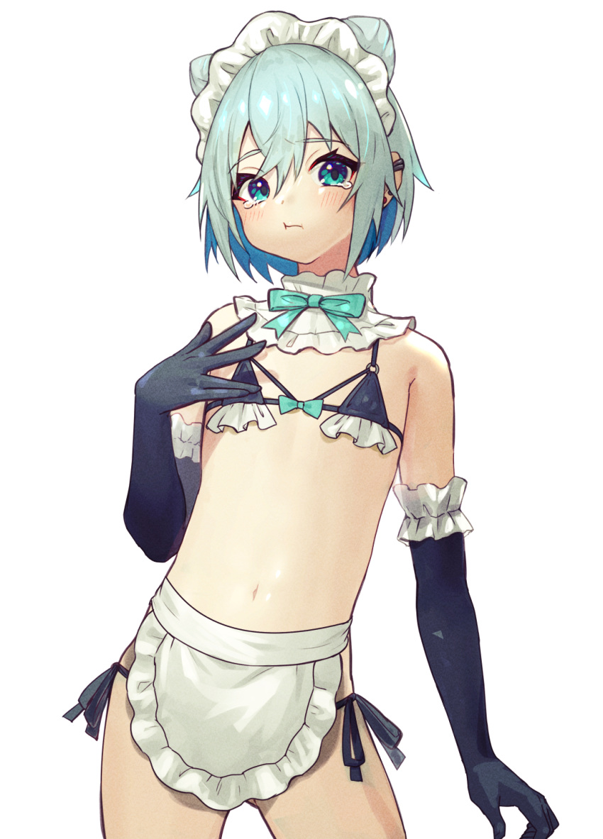 1boy apron aqua_bow aqua_bowtie bikini black_bikini black_gloves blue_eyes blue_hair bow bowtie closed_mouth commentary_request cowboy_shot crossdressing detached_collar earclip elbow_gloves frilled_bikini frilled_gloves frills gloves hair_cones hand_up highres looking_at_viewer maid maid_apron maid_bikini maid_headdress male_focus micro_bikini navel original otoko_no_ko pout short_hair stomach swimsuit tearing_up tears white_apron yoruhachi