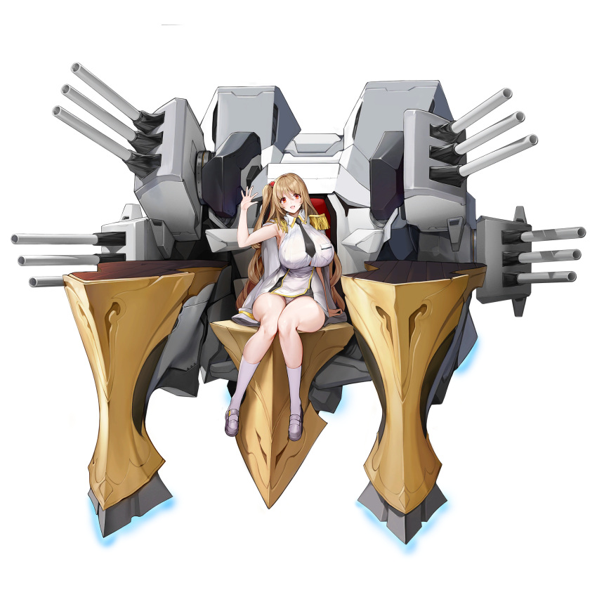 1girl blonde_hair breasts epaulettes full_body highres huge_breasts kneehighs last_origin military military_uniform naval_uniform necktie official_art one_side_up orange_eyes panties pantyshot salacia_(last_origin) smile snowball22 solo tachi-e transparent_background underwear uniform waving white_legwear white_panties