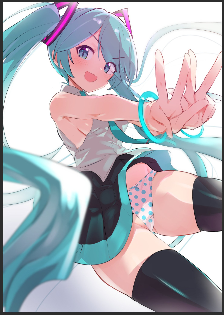 1girl bare_shoulders blue_eyes blue_hair blush breasts caburi commentary_request eyebrows_visible_through_hair eyes_visible_through_hair hatsune_miku highres long_hair looking_at_viewer medium_breasts open_mouth panties polka_dot polka_dot_panties sideboob simple_background skirt sleeveless solo thighhighs twintails underwear v very_long_hair vocaloid white_background