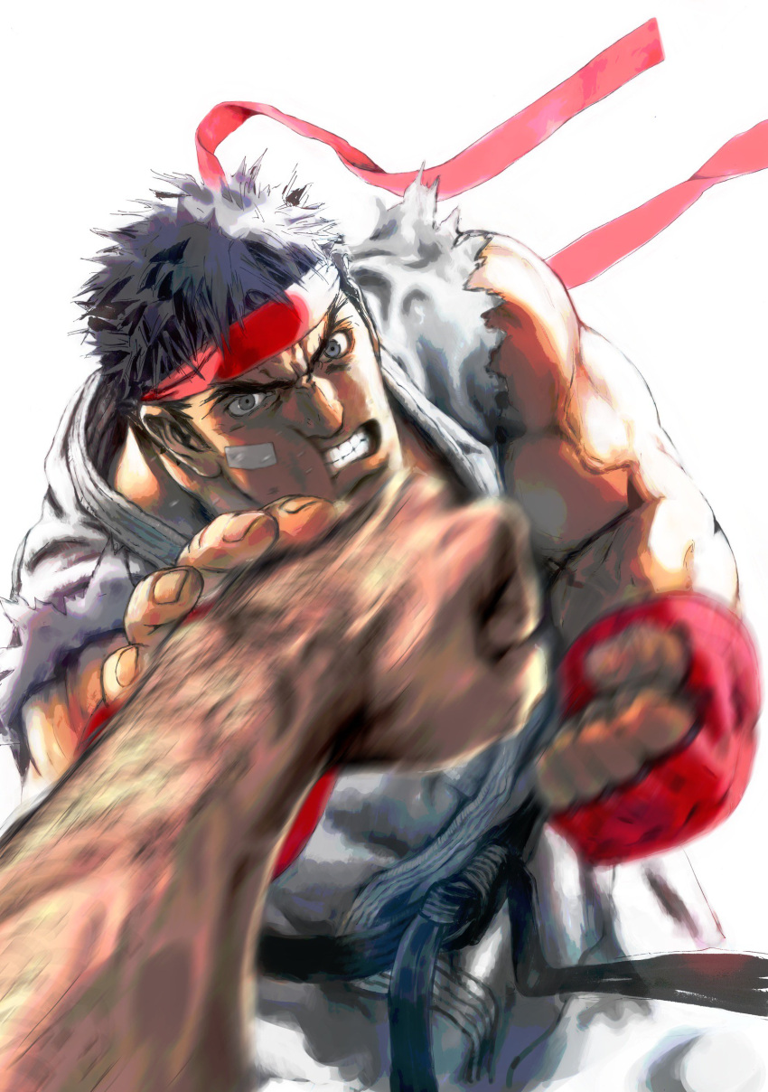 1boy absurdres bandage_on_face bandages black_hair dougi fingerless_gloves gloves headband highres looking_at_viewer male_focus muscular official_art punching ryu_(street_fighter) simple_background solo_focus street_fighter street_fighter_ii_(series) street_fighter_iv_(series) white_background yasuda_akira