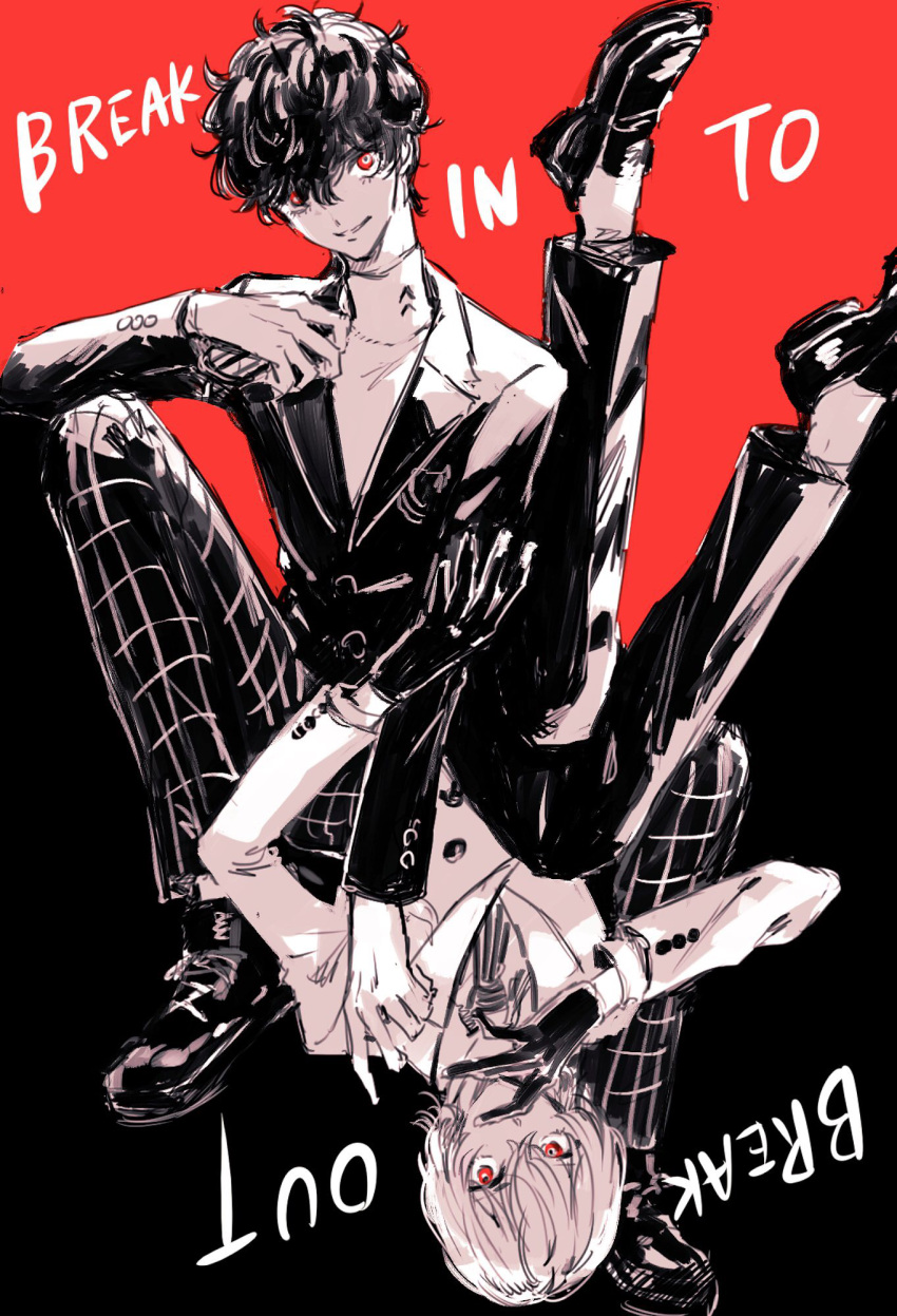 2boys akechi_gorou amamiya_ren bangs commentary_request english_text gloves greyscale hair_between_eyes highres jacket long_sleeves male_focus monochrome multiple_boys pants parted_lips persona persona_5 red_eyes sawa2 school_uniform shirt shuujin_academy_uniform simple_background spot_color two-tone_background