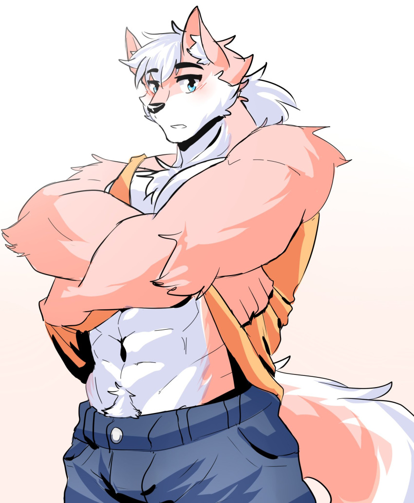 anthro canid canine canis clothed clothing fur hair looking_at_viewer male mammal muscular muscular_male navel open_mouth pubes shirt solo soraa standing tank_top wolf