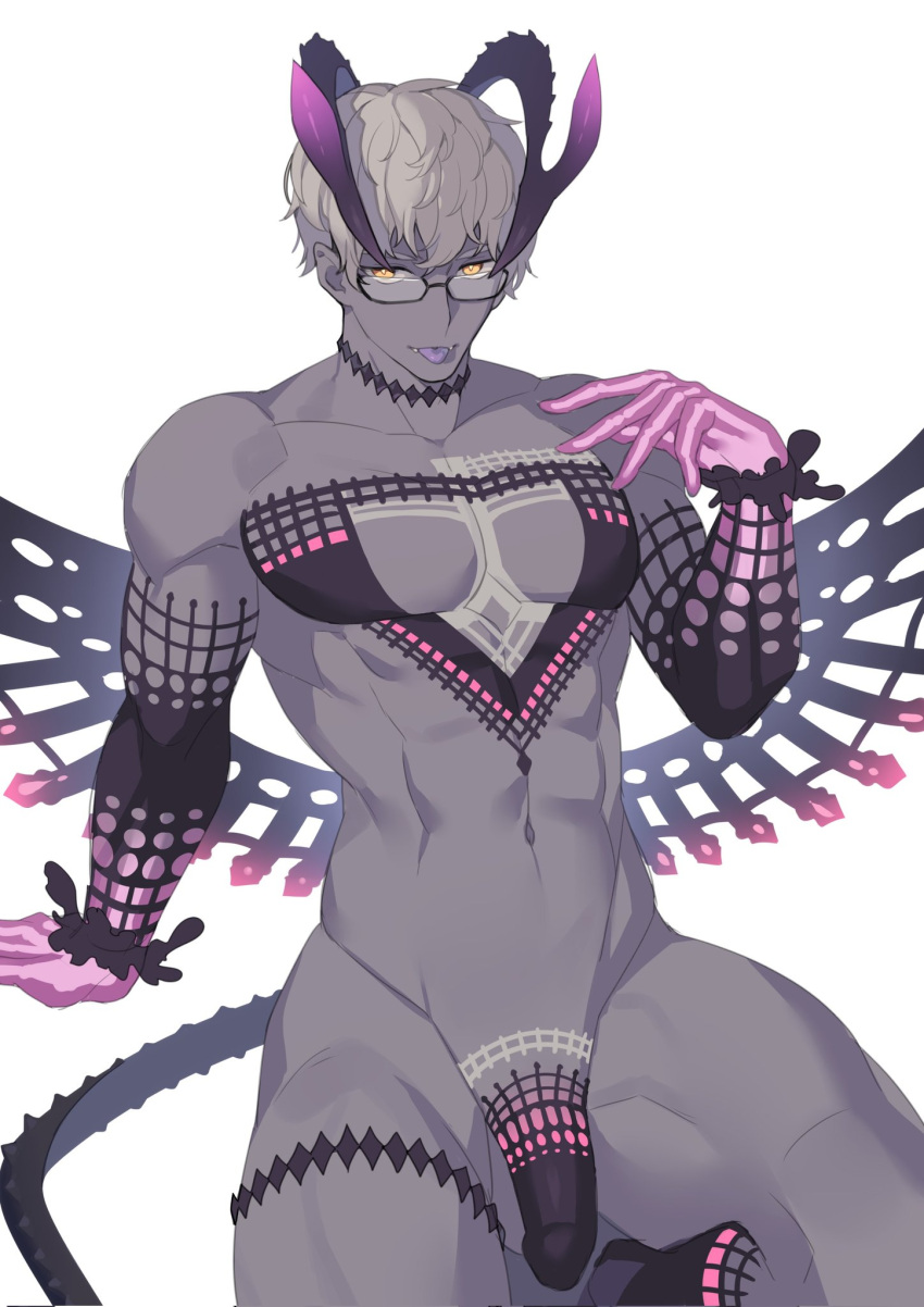 1boy :p abs alternate_costume alternate_pectoral_size bara chest_tattoo colored_skin commentary_request cosplay curled_horns demon_boy detached_sleeves fate/grand_order fate_(series) glasses grey_hair grey_skin highres horns jacques_de_molay_(fate) jacques_de_molay_(foreigner)_(fate) jacques_de_molay_(foreigner)_(fate)_(cosplay) looking_at_viewer male_focus muscular muscular_male navel nipples pectoral_cleavage pectorals penis qwq1151h short_hair solo stomach tattoo thick_thighs thighs tongue tongue_out uncensored yellow_eyes