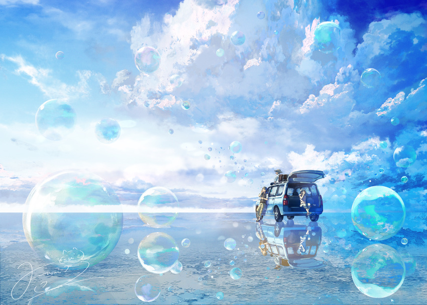 1girl 2boys bubble car cloud day denim fusui ground_vehicle highres horizon jacket jeans motor_vehicle multiple_boys original pants reflection scenery shirt signature sitting sky standing t-shirt water water_world