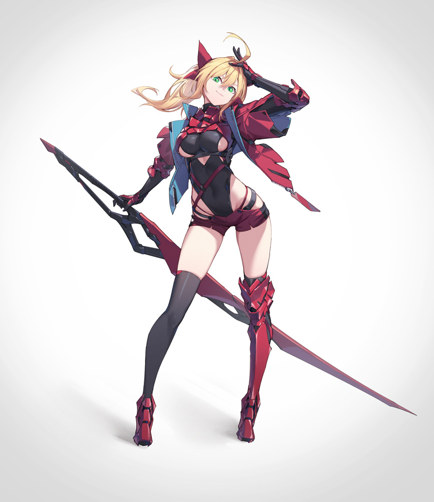 1girl ahoge arm_up armored_boots bangs black_legwear blonde_hair boots bow breasts closed_mouth clothing_cutout commentary covered_navel fate/grand_order fate_(series) full_body gauntlets green_eyes hair_between_eyes hair_bow head_tilt highleg highleg_leotard highres holding holding_sword holding_weapon jacket leotard leotard_under_clothes long_hair looking_at_viewer medium_breasts nero_claudius_(fate) nero_claudius_(fate/extra) nian open_clothes open_jacket ponytail red_bow red_footwear red_jacket red_shorts short_shorts shorts single_thigh_boot smile solo standing sword thigh_boots thighhighs underboob underboob_cutout v-shaped_eyebrows weapon