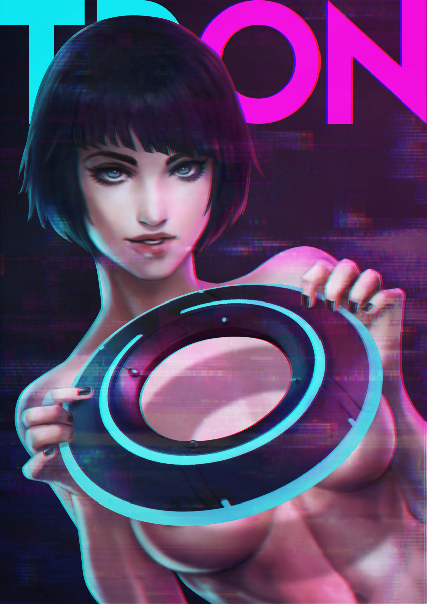 1girl absurdres bangs black_hair black_nails blue_eyes breasts censored chakram completely_nude copyright_name disc_(tron) english_commentary eyelashes fingernails highres holding holding_weapon lips looking_at_viewer makeup mascara medium_breasts monori_rogue nose novelty_censor nude pale_skin parted_lips quorra short_hair solo teeth thick_eyebrows tron tron:_legacy underboob upper_body upper_teeth weapon