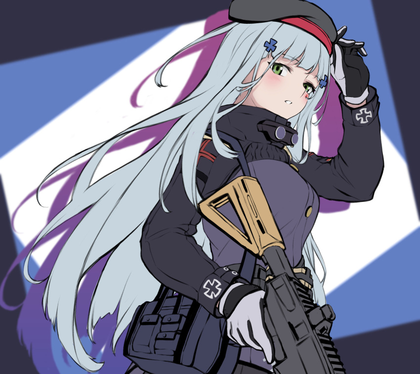 1girl 3_small_spiders :o assault_rifle bangs beret black_headwear blue_hair blush breasts crossed_bangs eyebrows_visible_through_hair from_above girls'_frontline gloves green_eyes gun h&amp;k_hk416 hand_on_headwear hat highres hk416_(girls'_frontline) holding holding_gun holding_weapon long_hair looking_at_viewer medium_breasts open_mouth rifle simple_background solo tactical_clothes teardrop_facial_mark teardrop_tattoo uniform upper_body weapon white_gloves
