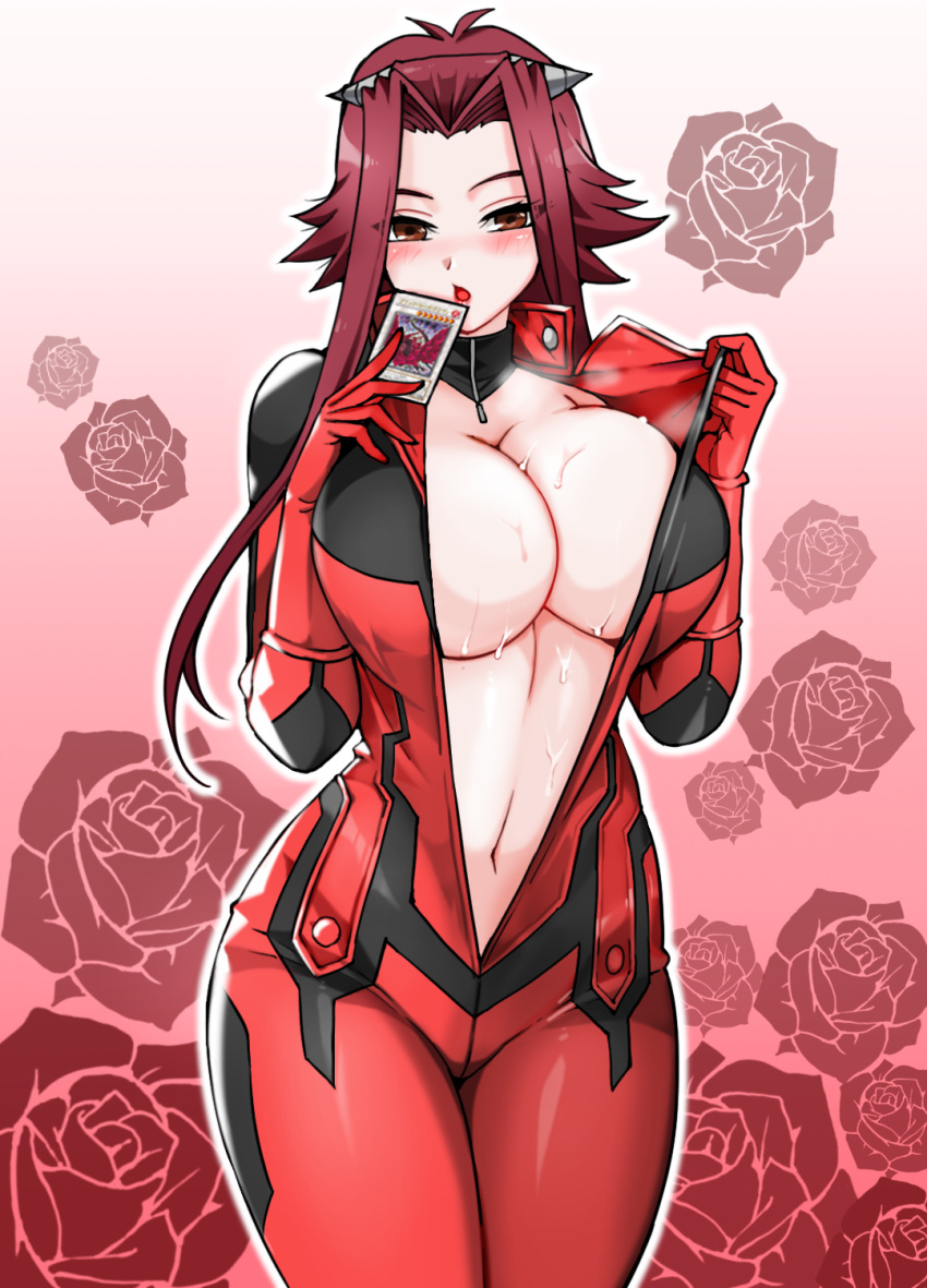 1girl biker_clothes bikesuit black_rose_dragon blush bodysuit breasts brown_eyes card cleavage commentary_request cowboy_shot flower freedom_(aass5404) highres holding holding_card izayoi_aki large_breasts looking_at_viewer navel open_clothes red_hair rose simple_background skin_tight solo standing steaming_body sweat yu-gi-oh! yu-gi-oh!_5d's