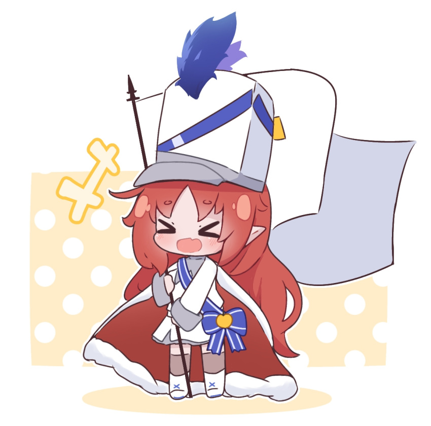 &gt;_&lt; +++ 1girl :d arknights cape chibi drum_major eyebrows_visible_through_hair fang flag full_body hat holding holding_flag kurotofu long_hair long_sleeves myrtle_(arknights) myrtle_(light_gold_celebration)_(arknights) official_alternate_costume open_mouth pointy_ears red_hair skin_fang smile solo standing thighhighs white_cape white_flag white_headwear xd