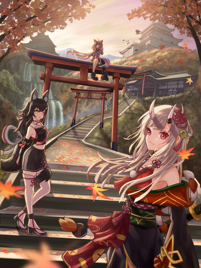 3girls ahoge animal_ears architecture autumn autumn_leaves black_legwear black_skirt blue_eyes breasts castle check_commentary choker cliff collarbone commentary_request detached_sleeves east_asian_architecture evening falling_leaves fox_ears fox_girl fox_tail full_body highres hololive horns japanese_clothes kimono leaf long_hair looking_at_viewer maple_leaf mask md5_mismatch multiple_girls nakiri_ayame obi obiage obijime oni_horns oni_mask ookami_mio outdoors pleated_skirt red_choker red_eyes ribbon_choker roboqlo sash scenery school_uniform serafuku shirakami_fubuki shrine single_thighhigh sitting skirt small_breasts stairs standing stone_stairs tail thighhighs torii virtual_youtuber water waterfall white_legwear wolf_ears wolf_girl wolf_tail yellow_eyes