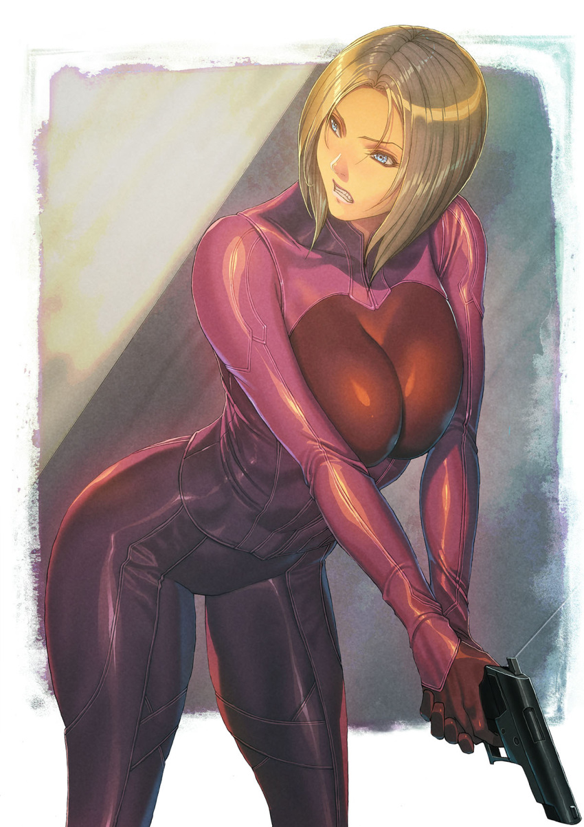 1girl blonde_hair blue_eyes bodysuit breasts catsuit clenched_teeth commentary_request framed_breasts gun highres holding holding_gun holding_weapon homare_(fool's_art) impossible_bodysuit impossible_clothes large_breasts looking_to_the_side original shiny shiny_clothes short_hair skin_tight solo teeth weapon
