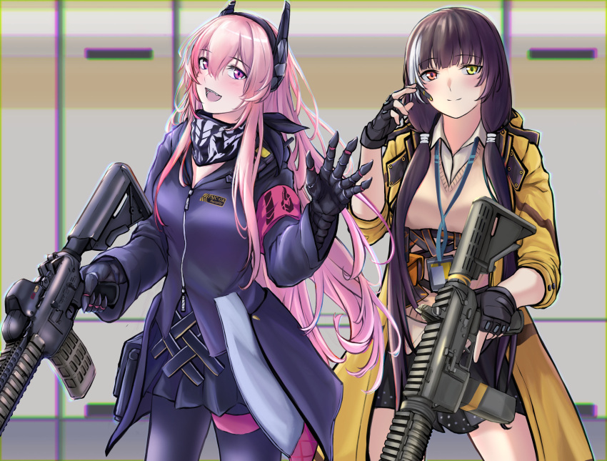 2girls 3_small_spiders assault_rifle black_gloves black_jacket black_legwear black_scarf black_skirt blush breasts brown_hair brown_vest closed_mouth eyebrows_visible_through_hair feet_out_of_frame fingerless_gloves girls'_frontline gloves gun hair_ornament hairclip hand_up headphones heterochromia highres holding holding_gun holding_weapon jacket long_hair looking_at_viewer m4_carbine m4_sopmod_ii m4_sopmod_ii_(girls'_frontline) multicolored_hair multiple_girls open_clothes open_jacket open_mouth pantyhose pink_eyes pink_hair red_eyes rifle ro635 ro635_(girls'_frontline) scarf shirt simple_background skirt smile standing vest weapon white_shirt yellow_eyes yellow_jacket