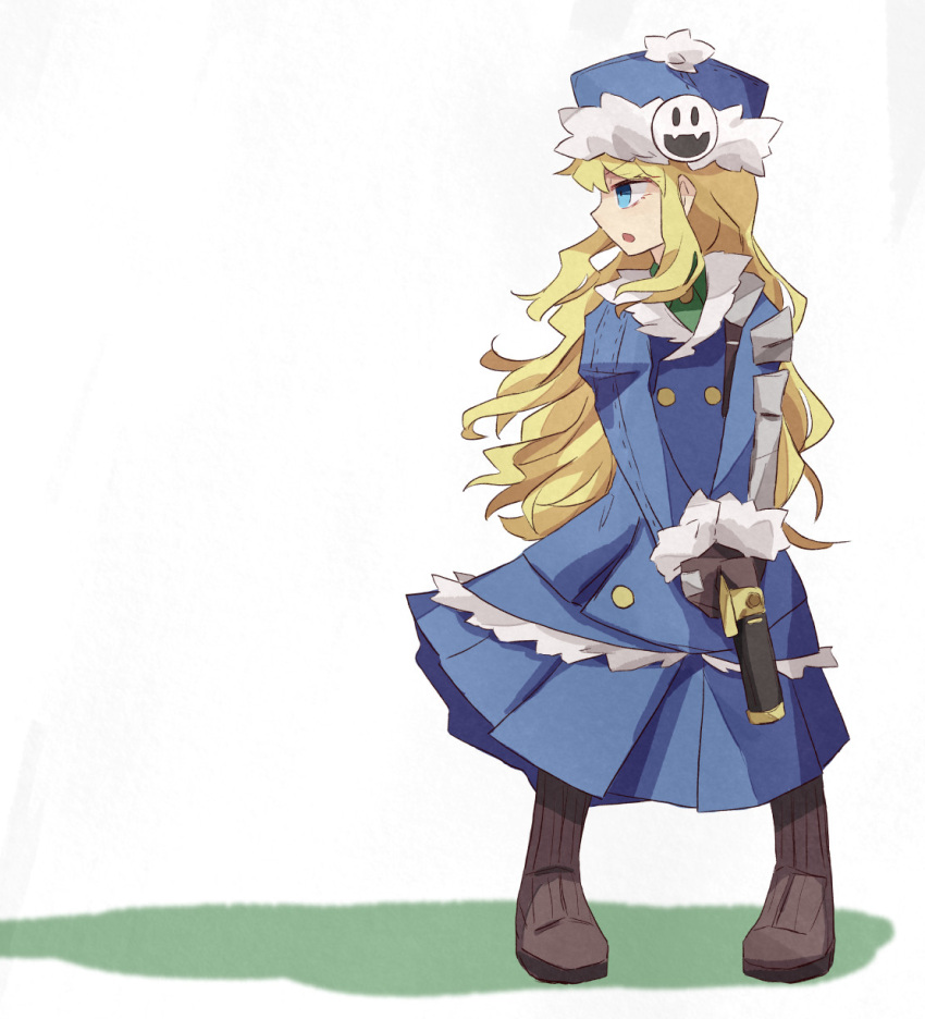 1girl blonde_hair blue_dress blue_eyes brown_footwear dress full_body fur_trim gun gunner_(sekaiju) gunner_2_(sekaiju) hat highres jack_frost long_hair looking_to_the_side minoru_minoru sekaiju_no_meikyuu sekaiju_no_meikyuu_2 shin_megami_tensei solo standing weapon white_background wind