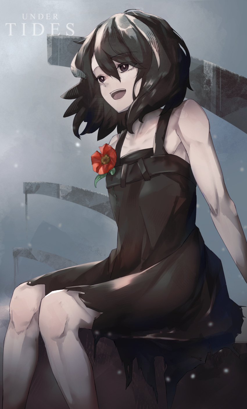 1girl :d anita_(arknights) arknights bangs bare_shoulders black_dress black_eyes black_hair commentary dress driftingtiger english_commentary eyebrows_visible_through_hair feet_out_of_frame flower hair_between_eyes highres lapel_flower medium_hair messy_hair open_mouth red_flower short_hair sitting smile solo