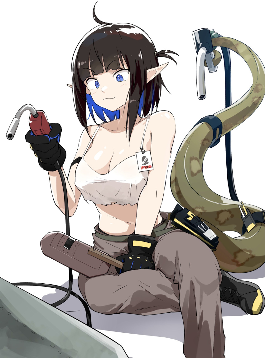 1girl absurdres ahoge arknights bangs bare_shoulders black_hair blue_eyes blue_hair blunt_bangs breasts camisole closed_mouth crop_top drawdrawdeimos eunectes_(arknights) eunectes_(forgemaster)_(arknights) eyebrows_visible_through_hair gas_pump_nozzle gloves highres multicolored_hair navel official_alternate_costume pants pointy_ears short_hair smug snake_tail solo tail two-tone_hair welding_mask