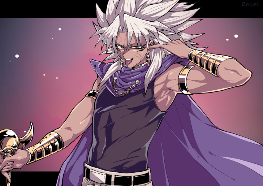 1boy armlet bangs belt big_hair black_belt cape commentary_request dark-skinned_male dark_skin hand_up jewelry looking_at_viewer male_focus millennium_rod open_mouth pants purple_cape shirt sleeveless sleeveless_shirt smile solo spiked_hair teeth tongue tongue_out upper_teeth veins white_hair yami_marik yazakc yu-gi-oh! yu-gi-oh!_duel_monsters