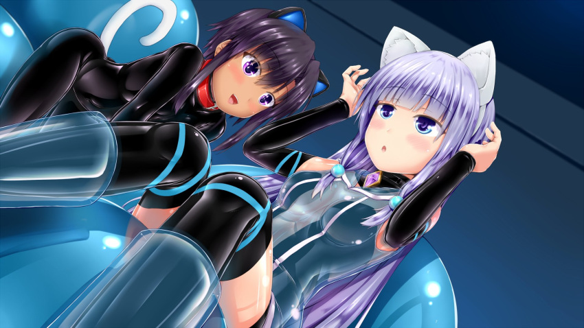 2girls animal_ears bangs black_bodysuit black_choker black_dress black_hair black_legwear blue_eyes blush bodysuit cat_ears cat_tail choker collar covered_collarbone dark-skinned_female dark_skin dress eyebrows_visible_through_hair highres indie_virtual_youtuber indoors latex latex_bodysuit latex_dress latex_legwear light_blue_hair long_hair mitsuki_awano multiple_girls navel original purple_eyes red_collar sheer_bodysuit shiny shiny_clothes shouyan skin_tight tail thighhighs virtual_youtuber