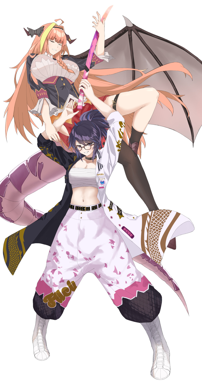 2girls absurdres ahoge bangs black_choker black_hair bokken breasts chest_sarashi choker cleavage coat collarbone commentary creator_connection dragon_girl dragon_horns dragon_tail eyebrows_visible_through_hair glasses highres holding holding_sword holding_weapon hololive horns indie_virtual_youtuber kiryu_coco kson large_breasts long_hair midriff mole mole_under_eye multicolored_hair multiple_girls navel open_clothes open_coat orange_hair pants petal_print pocket print_pants sarashi souchou sukeban sword tail tetsunana two-tone_coat virtual_youtuber voice_actor_connection weapon white_footwear wooden_sword