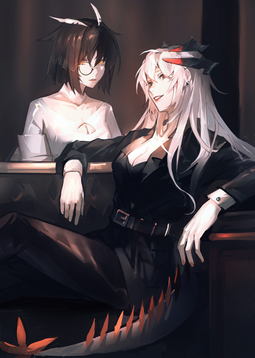 2girls arknights belt belt_buckle black_jacket black_pants black_shirt breasts brown_hair buckle cleavage cleavage_cutout clothing_cutout commentary_request dragon_girl dragon_horns dragon_tail earclip feather_hair glasses highres horns indoors jacket lipstick llmia4 long_hair long_sleeves looking_at_another makeup multiple_girls nail_polish orange_eyes orange_nails owl_girl pants parted_lips red_lips saria_(arknights) shirt short_hair silence_(arknights) sitting smile tail white_hair white_shirt