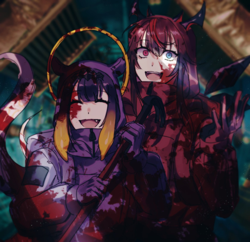 among_us bangs blood blood_on_clothes blood_on_face blood_splatter blue_eyes blunt_bangs closed_eyes crowbar e2_ch_a gradient_hair heterochromia highres holding hololive hololive_english horns irys_(hololive) long_hair multicolored_hair multiple_girls ninomae_ina'nis open_mouth pointy_ears purple_eyes purple_hair spacesuit tentacle_hair tentacles virtual_youtuber
