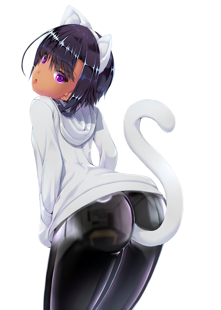 1girl absurdres anal anal_object_insertion anal_tail animal_ears ass bangs black_bodysuit black_hair bodysuit cat_ears commentary_request dark-skinned_female dark_skin eyebrows_visible_through_hair fake_tail highres hood hood_down latex latex_bodysuit long_sleeves looking_at_viewer object_insertion original purple_eyes shouyan skin_tight solo tail tongue tongue_out