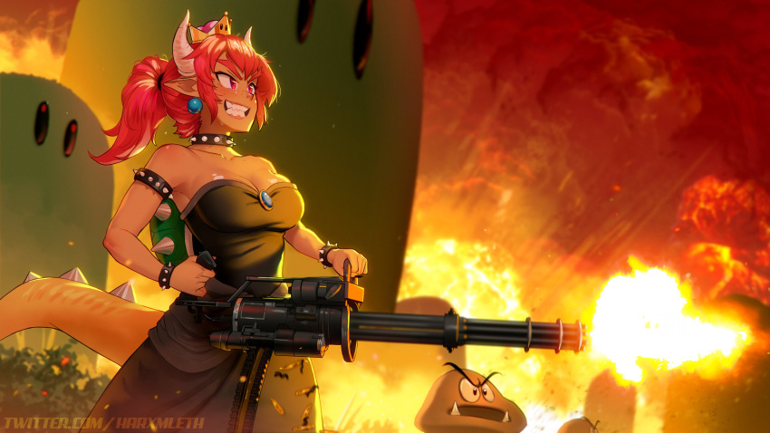 1girl 2others absurdres alternate_color alternate_hair_color alternate_skin_color armlet bare_shoulders black_collar black_dress black_nails bowsette bracelet breasts brooch choker cleavage collar collarbone commentary crown dark-skinned_female dark_skin dress earrings english_commentary evil_grin evil_smile explosion fingernails fire firing freckles gatling_gun goomba grin gun hair_pulled_back highres holding holding_gun holding_weapon horns jewelry large_breasts long_fingernails looking_away m134_minigun mario_(series) mathias_leth medium_hair mini_crown minigun multiple_others muzzle_flash new_super_mario_bros._u_deluxe no_bra pink_eyes pointy_ears ponytail red_hair red_sky sharp_teeth shell_casing sky smile solo_focus spiked_armlet spiked_bracelet spiked_choker spiked_shell spiked_tail spikes strapless strapless_dress super_crown tail teeth thick_eyebrows watermark weapon web_address