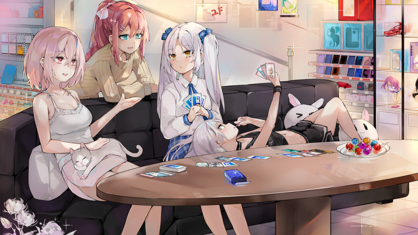 4girls :&lt; :d animal bare_arms bare_shoulders black_shorts blue_eyes blue_skirt brown_sweater camisole candy card cat collared_shirt commentary_request couch crop_top dema_hmw figure food food_in_mouth glint hair_ornament hairclip hand_up highres holding holding_candy holding_card holding_food holding_lollipop indoors lap_pillow lollipop long_hair long_sleeves lying midriff mouth_hold multiple_girls navel on_back on_couch original parted_lips pink_hair plate pleated_skirt ponytail puffy_long_sleeves puffy_sleeves red_hair ribbed_sweater school_uniform shirt short_shorts shorts silver_hair sitting skirt smile sweater table teeth tile_floor tiles triangle_mouth two_side_up upper_teeth white_camisole white_shirt white_skirt