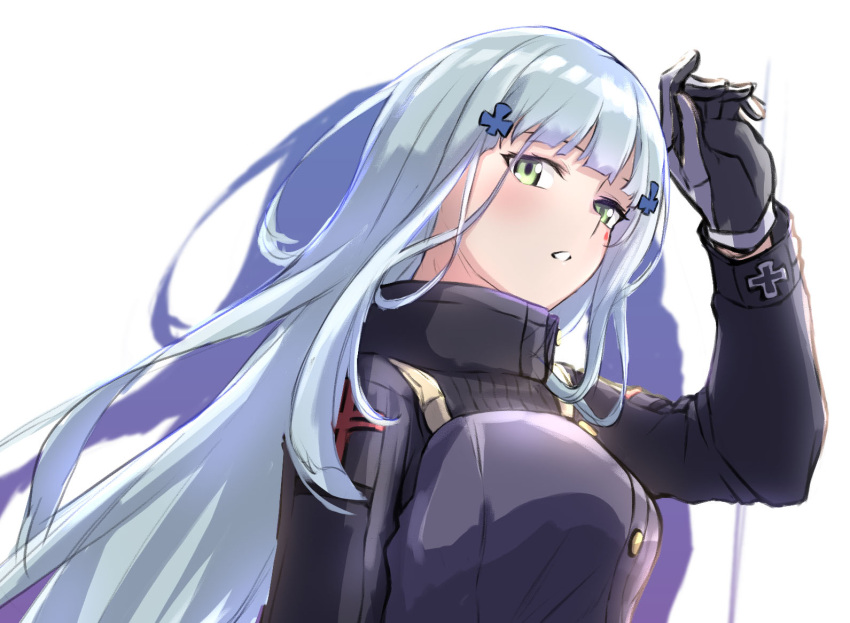 1girl 3_small_spiders :o bangs black_gloves blue_hair blush breasts commentary_request crossed_bangs eyebrows_visible_through_hair from_above girls'_frontline gloves green_eyes hand_up hk416_(girls'_frontline) long_hair looking_at_viewer medium_breasts open_mouth shadow solo_focus tactical_clothes teardrop_facial_mark teardrop_tattoo uniform upper_body white_background