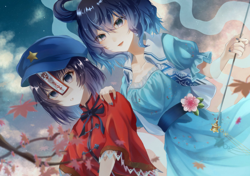 2girls bangs blue_dress blue_eyes blue_hair blurry blurry_foreground cabbie_hat chinese_clothes chisel dress dutch_angle flower hair_ornament hair_ribbon hair_rings hand_on_another's_shoulder hat highres kaku_seiga leaf looking_at_viewer maple_leaf mimino_courou miyako_yoshika multiple_girls ofuda open_mouth outdoors outstretched_arms pink_flower purple_eyes purple_hair purple_headwear ribbon shawl short_hair short_sleeves smile star_(symbol) star_hair_ornament tangzhuang touhou upper_body vest white_vest