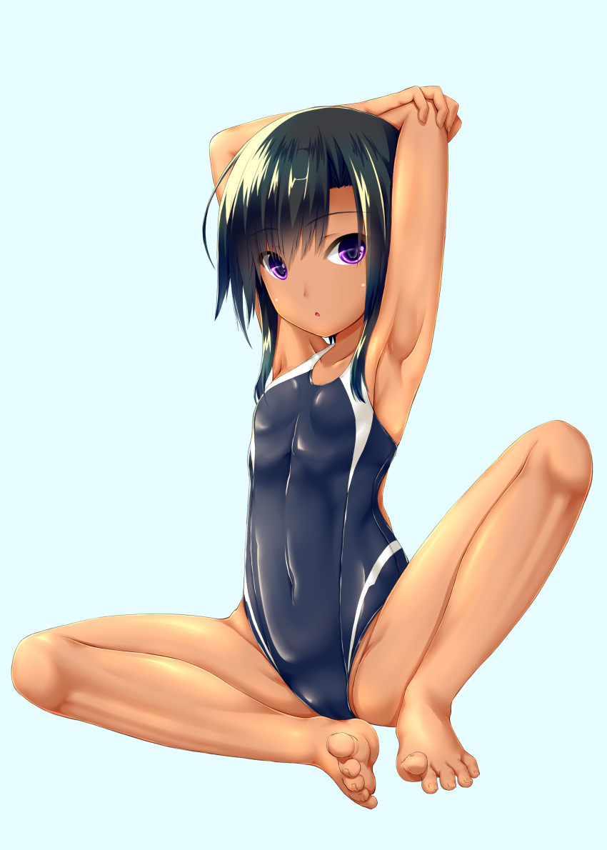 1girl absurdres armpits arms_behind_head arms_up bangs bare_shoulders barefoot black_hair commentary_request competition_swimsuit covered_navel dark-skinned_female dark_skin eyebrows_visible_through_hair full_body highres looking_at_viewer one-piece_swimsuit original purple_eyes shouyan solo swimsuit
