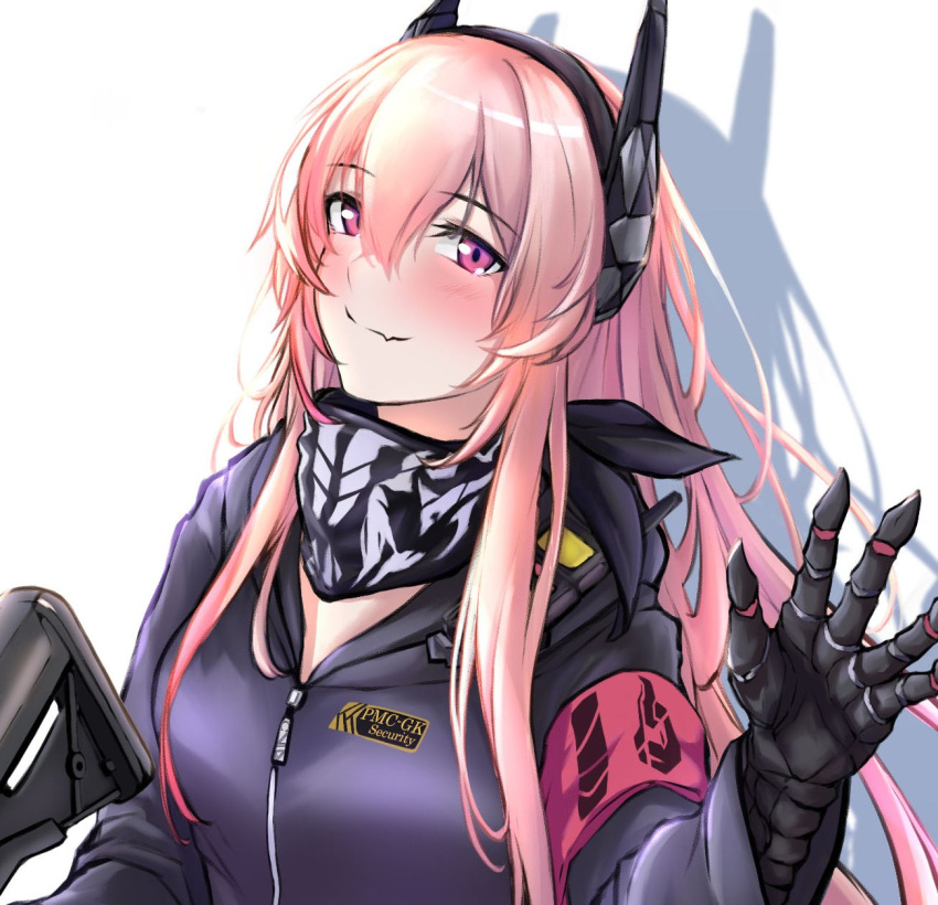 1girl 3_small_spiders =3 assault_rifle black_gloves black_jacket black_scarf blush closed_mouth commentary_request eyebrows_visible_through_hair girls'_frontline gloves gun hand_up headphones highres holding holding_gun holding_weapon jacket long_hair looking_at_viewer m4_carbine m4_sopmod_ii m4_sopmod_ii_(girls'_frontline) multicolored_hair pink_eyes pink_hair rifle scarf shadow smile solo_focus upper_body uwu walkie-talkie weapon white_background