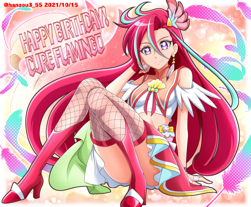 1girl 2021 bangs blue_hair breasts character_name closed_mouth clothing_cutout collarbone cure_flamingo dated fingerless_gloves fishnet_legwear fishnets floating_hair full_body gloves hair_between_eyes hair_ornament hairclip hand_in_hair hanzou happy_birthday heart_cutout high_heels highres layered_skirt long_hair looking_at_viewer midriff miniskirt precure purple_eyes red_footwear red_hair sitting skirt small_breasts smile solo stomach takizawa_asuka thighhighs tropical-rouge!_precure twitter_username very_long_hair white_gloves