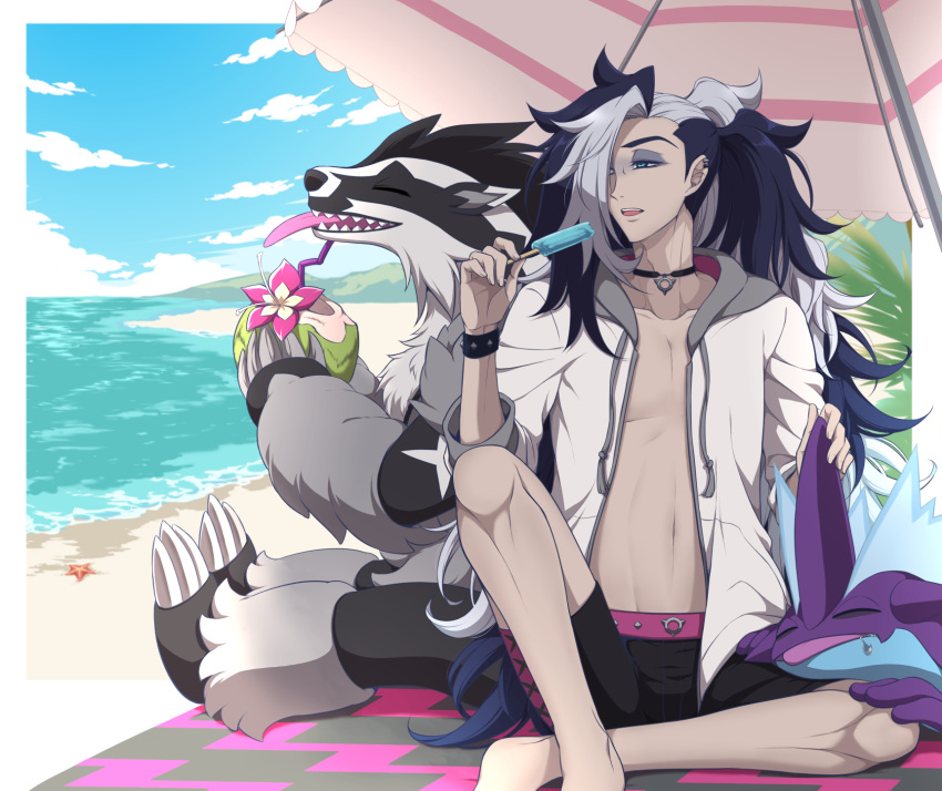 1boy bangs barefoot beach_umbrella black_choker black_hair choker cloud collarbone day drinking drinking_straw eyeshadow food green_eyes grey_eyeshadow hair_over_one_eye half-closed_eyes hand_up highres holding holding_stick knees kurobe_sclock long_hair makeup multicolored_hair obstagoon open_clothes open_mouth outdoors piers_(pokemon) pokemon pokemon_(creature) pokemon_(game) pokemon_swsh popsicle sand shore sitting sky starfish stick teeth tongue toxtricity toxtricity_(low_key) two-tone_hair umbrella upper_teeth water white_hair