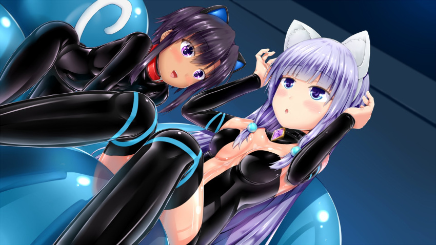 2girls animal_ears bangs bare_shoulders black_bodysuit black_choker black_dress black_hair black_legwear blue_eyes blush bodysuit cat_ears cat_tail choker collar covered_collarbone dark-skinned_female dark_skin dress eyebrows_visible_through_hair highres indie_virtual_youtuber indoors latex latex_bodysuit latex_dress latex_legwear light_blue_hair long_hair mitsuki_awano multiple_girls navel original purple_eyes red_collar shiny shiny_clothes shouyan skin_tight tail thighhighs virtual_youtuber