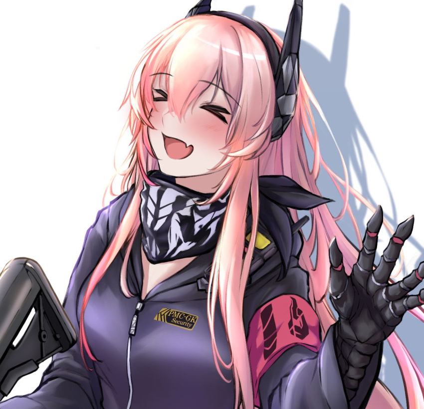 1girl 3_small_spiders assault_rifle black_gloves black_jacket black_scarf blush closed_eyes commentary_request eyebrows_visible_through_hair girls'_frontline gloves gun hand_up headphones highres holding holding_gun holding_weapon jacket long_hair looking_at_viewer m4_carbine m4_sopmod_ii m4_sopmod_ii_(girls'_frontline) multicolored_hair open_mouth pink_hair rifle scarf shadow smile solo_focus upper_body walkie-talkie weapon white_background