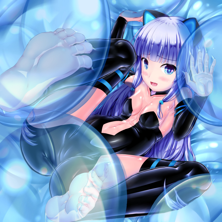 1girl absurdres animal_ears anniversary bangs bare_shoulders barefoot black_choker black_dress black_legwear bodysuit cat_ears choker collarbone commentary_request dress eyebrows_visible_through_hair feet highres indie_virtual_youtuber latex latex_bodysuit latex_dress long_hair mitsuki_awano navel open_mouth shiny shiny_clothes shouyan skin_tight soles solo spread_legs thighhighs toes virtual_youtuber